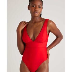NWT Quince Red One Piece Swimsuit Deep V Neck High Cut Bodysuit Swimwear Sz M
